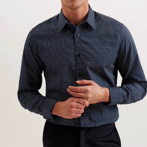 Ted Baker NWT Mens Tomass Micro Geo Print Slim Fit Shirt Navy Size 1 / XS - Picture 4 of 8